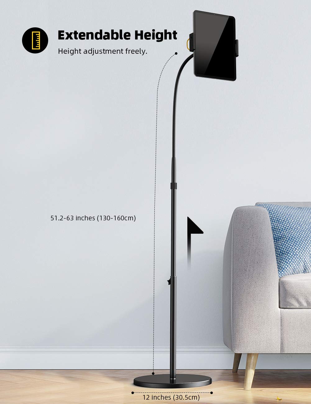 Lamicall Tablet Floor Stand, Tablet Holder - Gooseneck Mount with Adjustable Height and Stable Base weighing 4.8KG, for iPad 12.9, iPad Air Mini 2 3 4, Switch, Tab, and Tablets ranging from 4.7-13 inches.