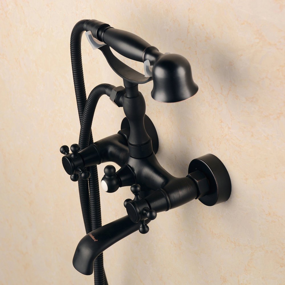 Hiendure® wall-mount two handle bathtub faucet with hand shower in rubbed oil bronze finish.