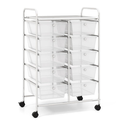 COSTWAY rolling cart with 10 stackable drawers, drawers cart with metal frame and shelf, bathroom trolley storage cart for office, living room, 65.5 x 37 x 87 cm.