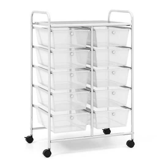 COSTWAY rolling cart with 10 stackable drawers, drawers cart with metal frame and shelf, bathroom trolley storage cart for office, living room, 65.5 x 37 x 87 cm.