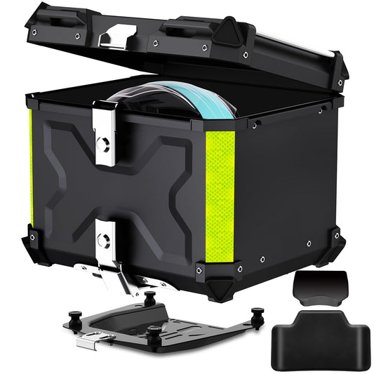 Motorcycle top case, 55L top case for scooter Waterproof top case Aluminum motorcycle trunk Travel motorcycle case with security lock for motorcycle helmet Helmet, Waterproof motorcycle top box (Black)