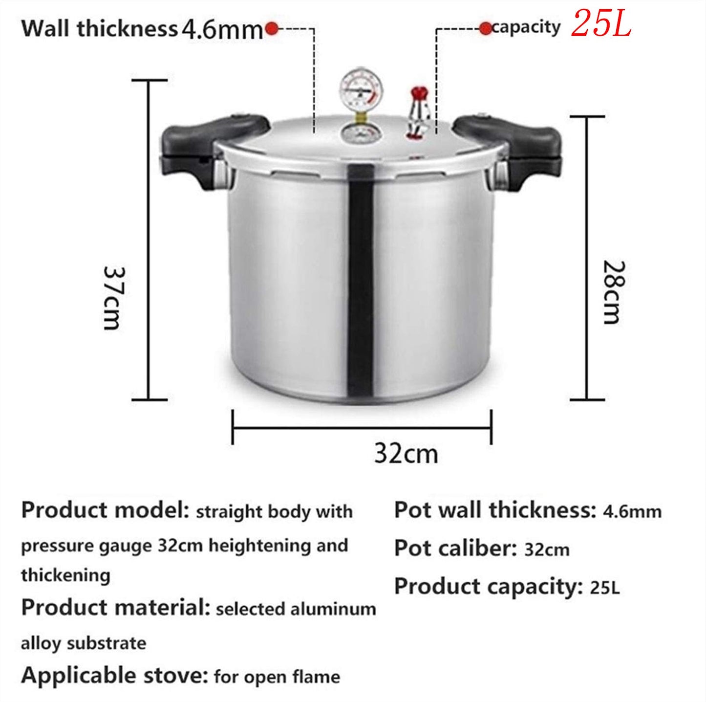 25 liter pressure cooker canner for all American canning needs, water bath canner included. Features pressure gauge, pressure regulator, and induction compatibility. Pressure release valve set at 13 PSI +/- 5%.