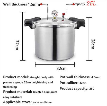 25 liter pressure cooker canner for all American canning needs, water bath canner included. Features pressure gauge, pressure regulator, and induction compatibility. Pressure release valve set at 13 PSI +/- 5%.