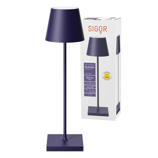 SIGOR Nuindie - Dimmable LED battery-powered table lamp for indoor & outdoor use, IP54 splash-proof, 38 cm in height, rechargeable with Easy Connect, 12 h runtime, plum blue