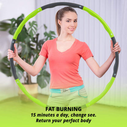 Adult hula hoop with 95 cm diameter for advanced fitness and weight loss. Hoola hoops for weight reduction with 8 detachable parts in Green - Gray.