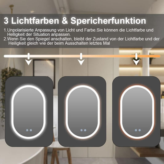 YOLEO bathroom mirror with lighting oval, dimmable 70x50cm, fog-free wall mirror with touch switch, 3 light colors, 6500K.