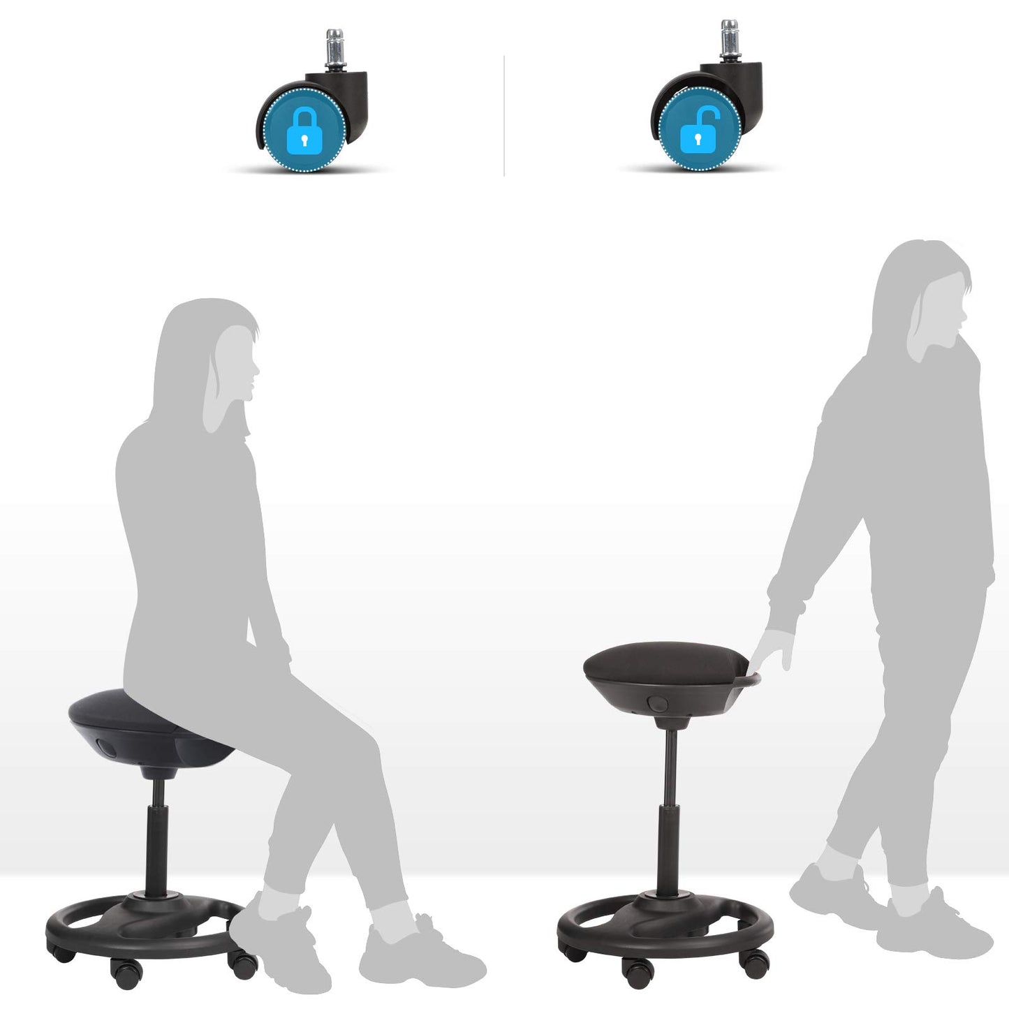 SONGMICS Dynamic Work Stool, ergonomic swivel chair with wheels, extra wide seat, 10° tilt, height adjustable, thick padding, black OSC06BK.