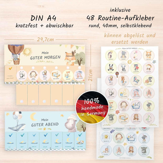 Morning and evening routines for kids - Routine planner for morning and evening: Animals (DIN A4 daily plan with flaps, Handmade in Germany) Checklist with Velcro dots to flip.