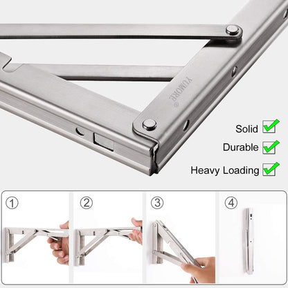 YUMORE Folding Shelf Bracket Heavy Duty 350mm, YUMORE Folding Shelf Brackets Stainless Steel Folding Shelf Supports Wall Table Brackets Folding Hinge for Benches Shelves Wall Mount, Space Saving, Capacity 330 lb [2PACK]