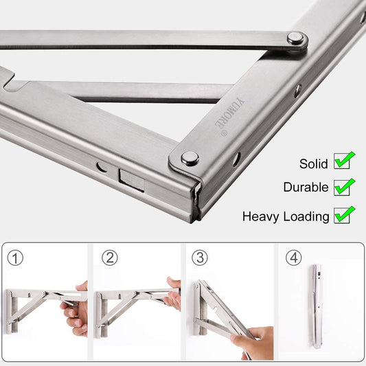 YUMORE Folding Shelf Bracket Heavy Duty 350mm, YUMORE Folding Shelf Brackets Stainless Steel Folding Shelf Supports Wall Table Brackets Folding Hinge for Benches Shelves Wall Mount, Space Saving, Capacity 330 lb [2PACK]