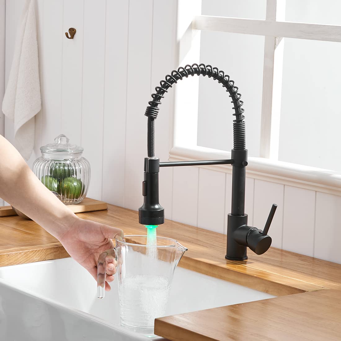 TIMACO LED Black Kitchen Faucet with Spiral Spring,360° Swivel Sink Faucet,Sprayer Pull-Out - High Pressure