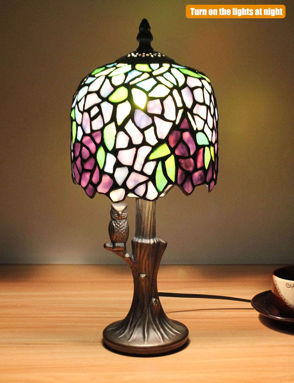 Kinbolas Tiffany Style Small Table Lamp, Vintage Lamp with Stained Glass Lampshades Wisteria and Owl Base, Art Nouveau Art Deco Nightstand Lamp for Bedroom, Country House 20cm / 8 inch with E14 LED Bulb (I-2)