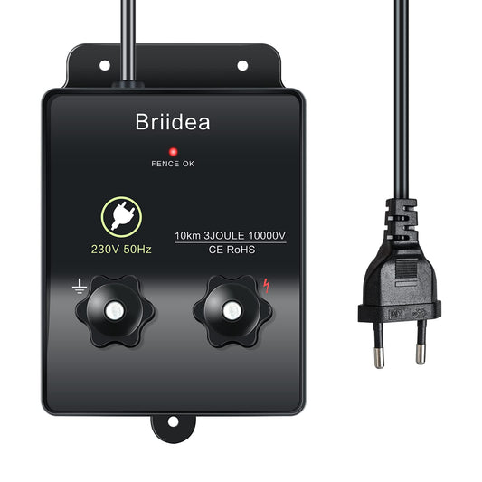 230V electric fence energizer, Briidea 6.2 miles electric fence energizer for dog fence, livestock fence, squirrel, used for gardens, chicken coops, Easy installation, 3 Joules