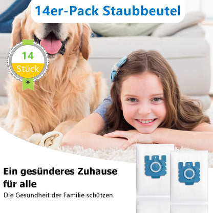 14 vacuum cleaner bags for Miele 3D Efficiency GN vacuum Classic C1 Complete C2 C3, S227, S600, S5000 and S8000 series dust bags, efficiency bags including 4 exhaust filters & 4 motor protection filters.