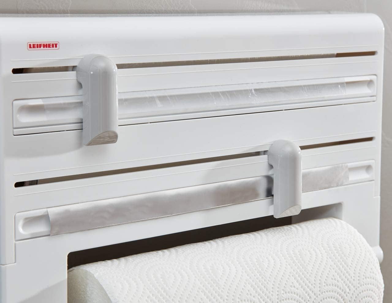 Leifheit Wall-Mounted Paper Towel Holder Parat ComfortLine Series for 3 rolls, clean cut edges with practical cutting blade, kitchen roll holder with foil cutter ensures convenient foil ends.