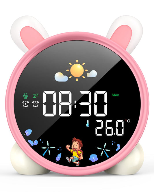 Lemnoi alarm clock for kids, kids sleep trainer for boys and girls, battery powered kids alarm clock light with night light, countdown, snooze function, 3 brightness levels, and colorful light.