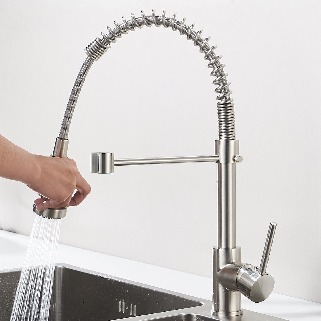 Aimadi kitchen faucet mixer tap kitchen faucet spiral spring faucet kitchen sink dish rinse sink faucet single lever mixer pull-out brushed nickel.