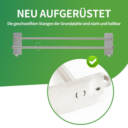 JS towel holder without drilling, stainless steel dish towel holder, self-adhesive bath towel holder with 2 hooks, wall mounted for bathroom or kitchen.