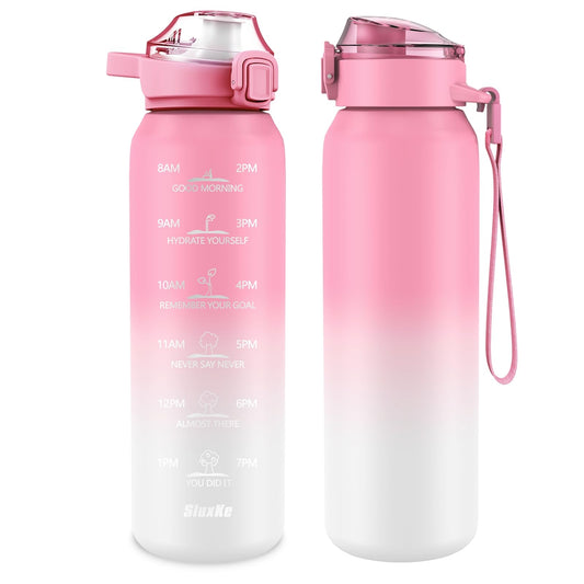 SLUXKE Stainless Steel Sports Water Bottle with Straw 700ml, [18/10 Stainless Steel] Bottle with 2 Lids, Leakproof Double Wall for Outdoor, Work, Kids (Pink White)