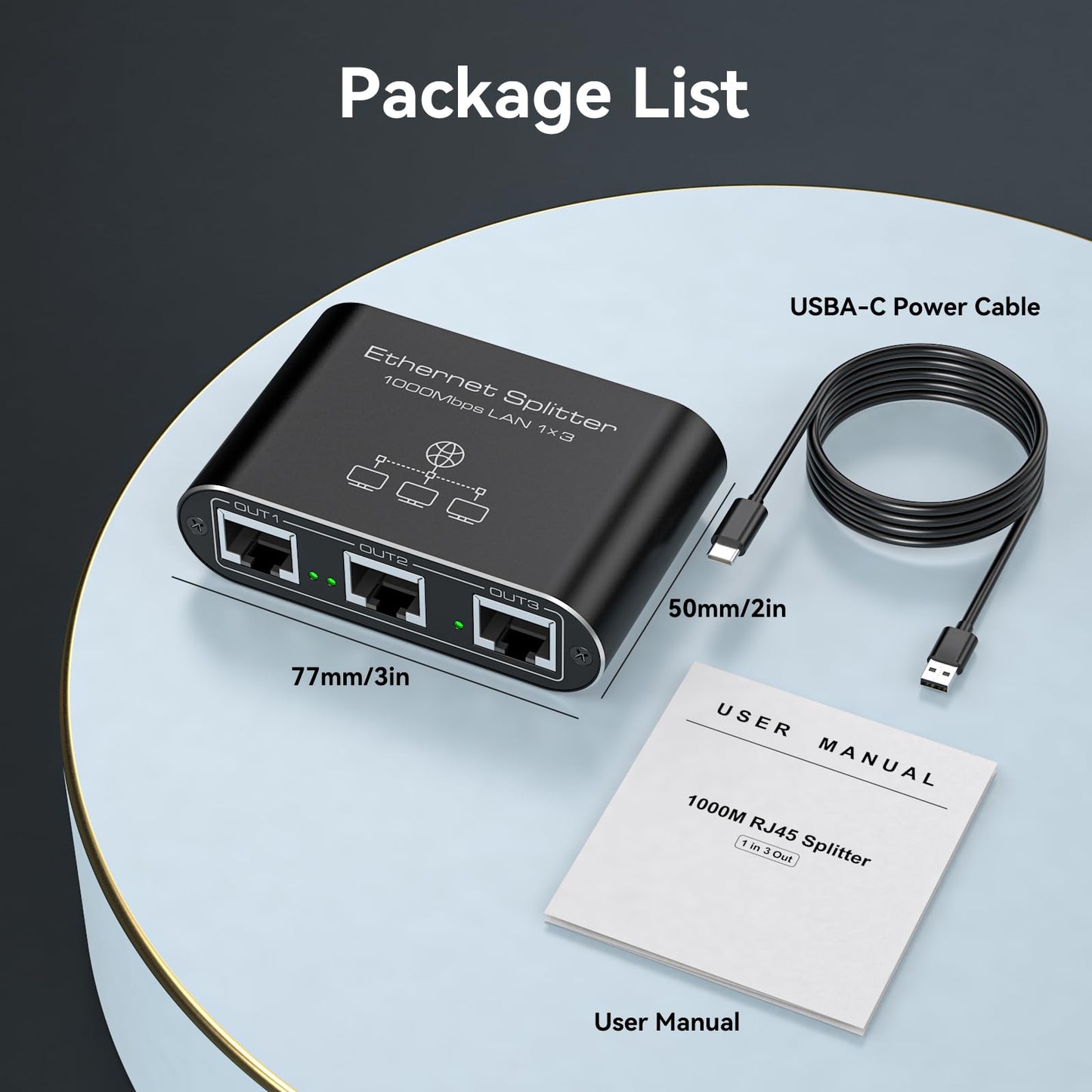 VEDINDUST LAN Switch 1 to 3 1000Mbps Network Splitter Aluminum Gigabit Ethernet Distributor With USB-C Power Cable for Computers, Routers, Set-Top Boxes