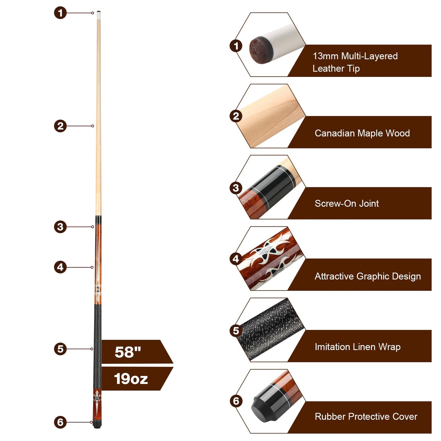 ASMPCUE Pool Cue, 58 Inch Billiard Cue Canadian Maple Wood Pool Cue 13mm Tips for Professional Billiard Players, 1/2 Maple Cue Sticks for Billiard Table Sport (Brown)