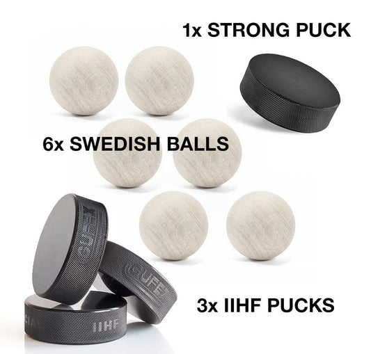 Hockey Revolution Essentials Kit - Swedish wooden stickhandling balls with hockey pucks and durable plastic puck - training tools without bounce.