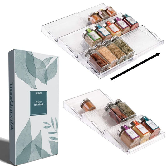 Alixin spice rack for drawer, extendable PVC spice rack for kitchen drawer, three-tier drawer.