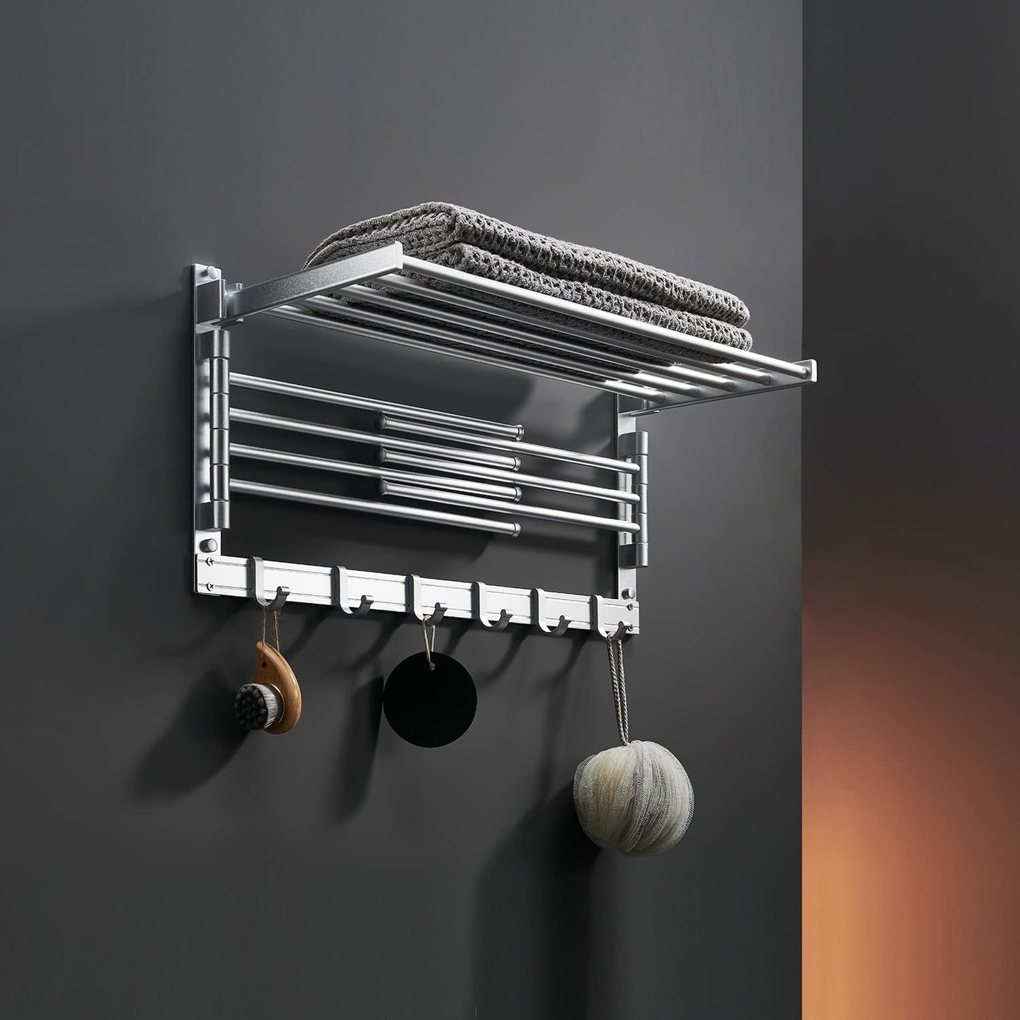 Görbach Aluminum Towel Rack for Bathroom with 6 Hooks, Wall Mounted Towel Bar Shelf for Kitchen, Toilet, Wardrobe, and Bathroom Accessories Set 40cm, Silver (7-40SS)