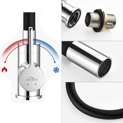 Auralum Flexible Kitchen Faucet, 360° Rotating Kitchen Faucet, Black, Sink Faucet with Flexible Spout