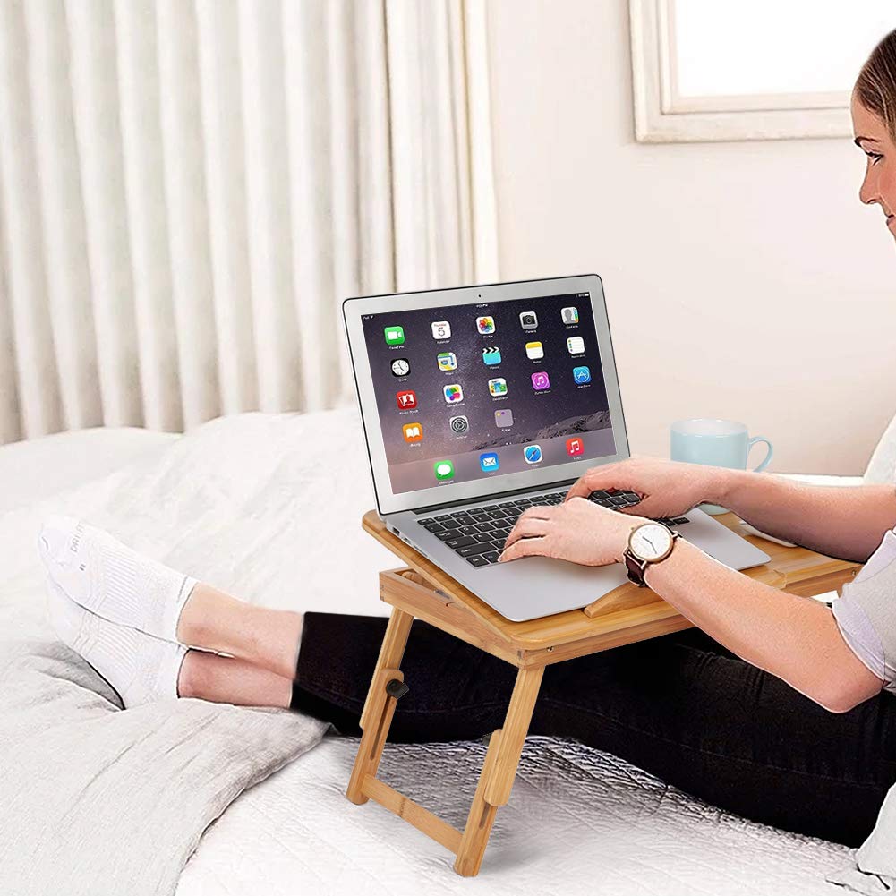 Ejoyous folding bamboo bed table, adjustable 5 tilt angles laptop table notebook table lapdesks with drawer and ventilation slots for school bedroom or office.