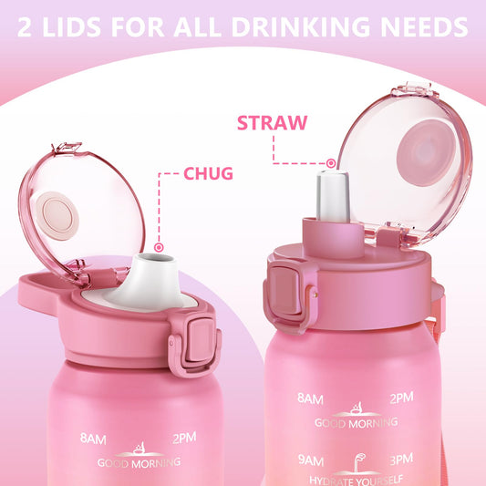 SLUXKE Stainless Steel Sports Water Bottle with Straw 700ml, [18/10 Stainless Steel] Bottle with 2 Lids, Leakproof Double Wall for Outdoor, Work, Kids (Pink White)