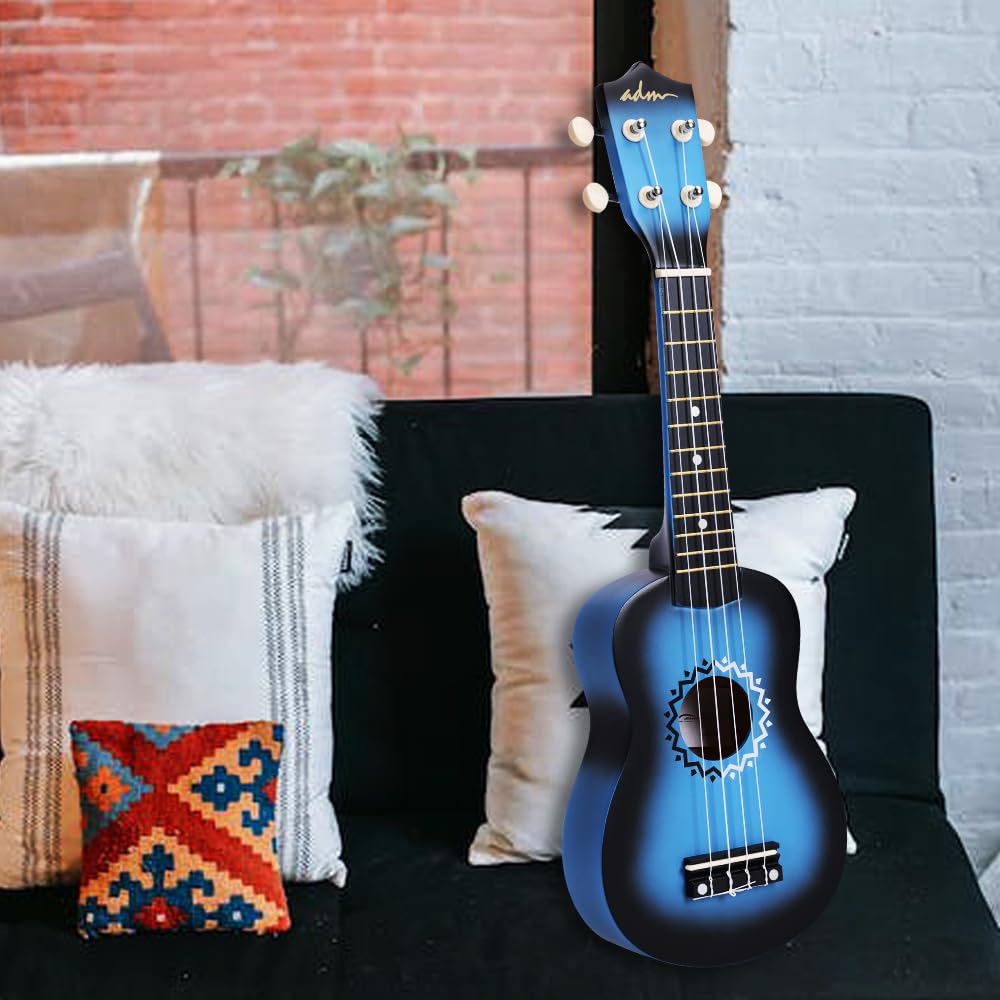 ADM Soprano Ukulele Set for kids and beginners, Ukulele starter kit with bag, tuner, rainbow strings, colorful strap, pick, fretboard stickers, chord chart (Blue)