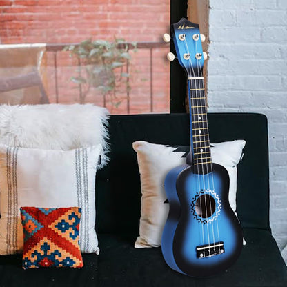 ADM Soprano Ukulele Set for kids and beginners, Ukulele starter kit with bag, tuner, rainbow strings, colorful strap, pick, fretboard stickers, chord chart (Blue)
