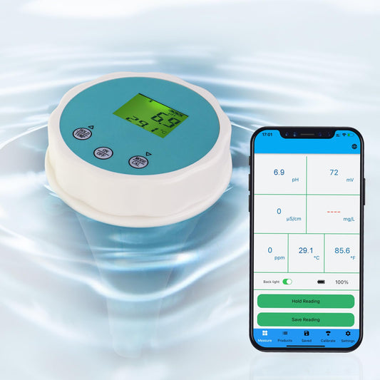 6-in-1 Water Tester with Bluetooth & Data Storage Swimming Pool Water Quality Meter for Chlorine, pH, EC (Conductivity), ORP, Salinity & Temperature, including Smart App for Pool, Hydroponics & Aquariums.
