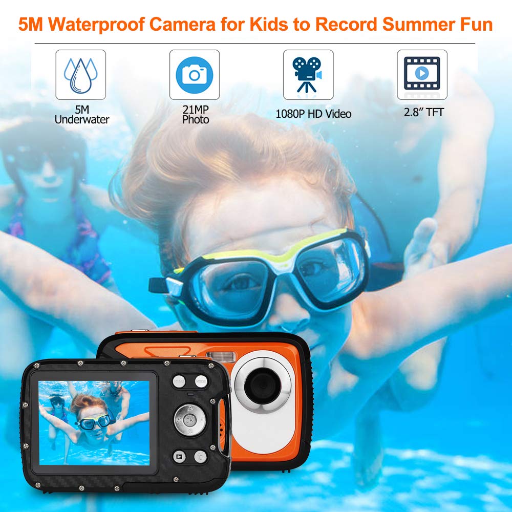 BYbrutek Kids Digital Camera, 21MP FHD 1080P, Waterproof up to 5m, 2.8-inch LCD, 8x Digital Zoom, Orange
