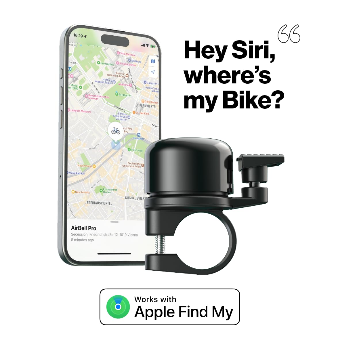 AirBell Pro - Bike bell with built-in tracker for Apple Find My network, AirTag alternative (22.2mm standard handlebar)