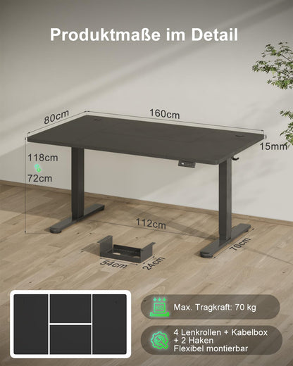 Devoko Height Adjustable Desk 160x80cm with Type-C Charging Port, Electric Height Adjustable Desk, Mobile Electric Computer Desk with Cable Management Tray, Black