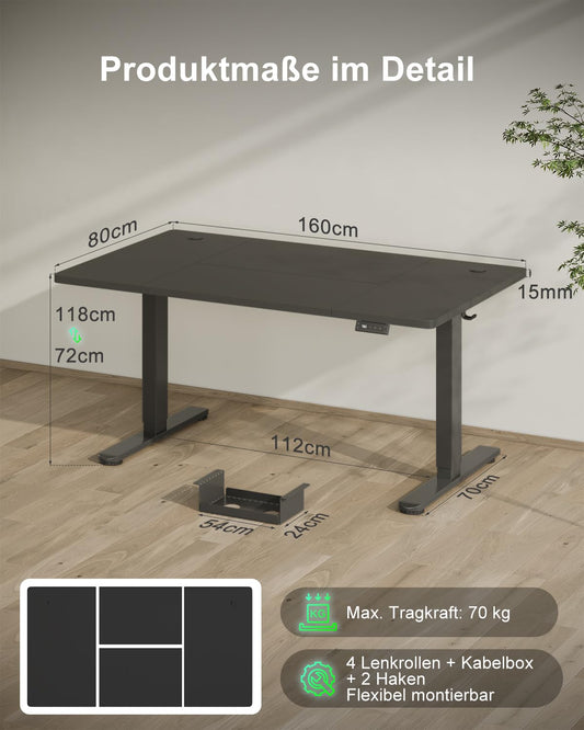 Devoko Height Adjustable Desk 160x80cm with Type-C Charging Port, Electric Height Adjustable Desk, Mobile Electric Computer Desk with Cable Management Tray, Black