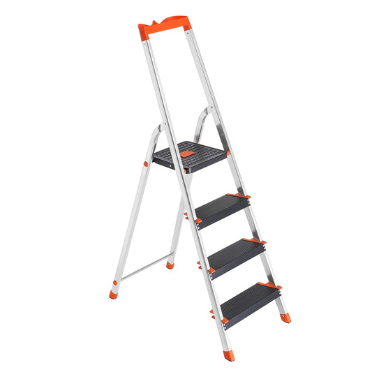 SONGMICS 4-step ladder, aluminum ladder, 12 cm wide steps with ridges, anti-slip feet, with handrail, tool tray, supports up to 150 kg, black-orange GLT04BK