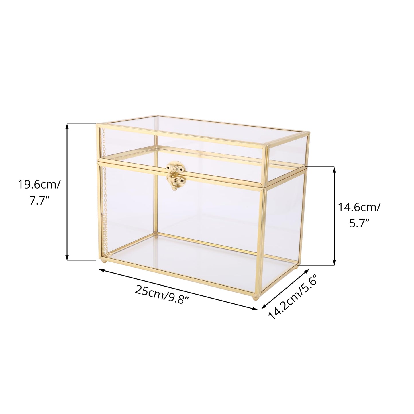 NCYP 25x14.2x19.6 cm Gold Glass Card Box, Handcrafted Brass Vintage Rectangular Shape with Base for Wedding Entries, Souvenirs, Tabletop Display (glass box only)