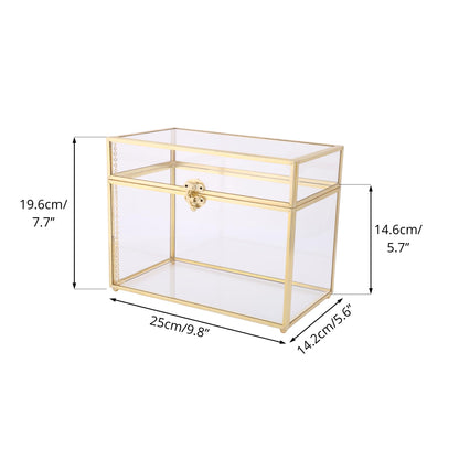 NCYP 25x14.2x19.6 cm Gold Glass Card Box, Handcrafted Brass Vintage Rectangular Shape with Base for Wedding Entries, Souvenirs, Tabletop Display (glass box only)