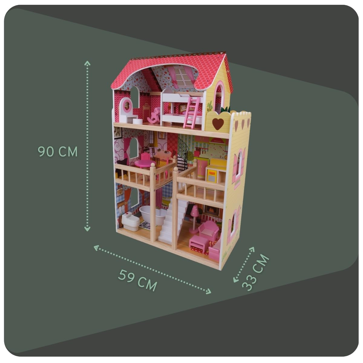 Bandits & Angels Wooden Dollhouse Pink House of Angels for ages 3 and up 90 cm tall - Includes 16 furniture pieces - With sound - Dollhouse - Doll toy