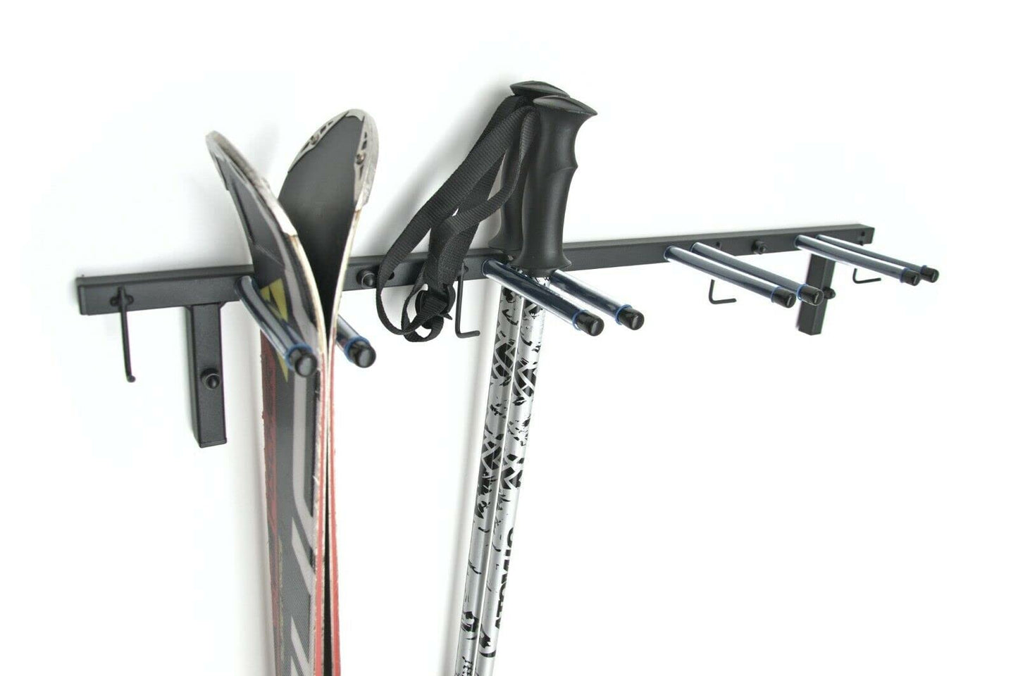 QLS Trading Ski Rack S3 Wall Ski Rack for 4 pairs 83 cm Nordic Walking Trekking Poles Ski Carrier Hook Rail with protective rubber coating for space-saving storage