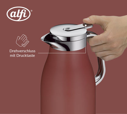 alfi SKYLINE 1.0l, med. red matt, stainless steel insulated carafe with hygienic hard glass insert, twist closure with convenient push button, ergonomic handle, one-hand operation, perfect for serving coffee or tea.