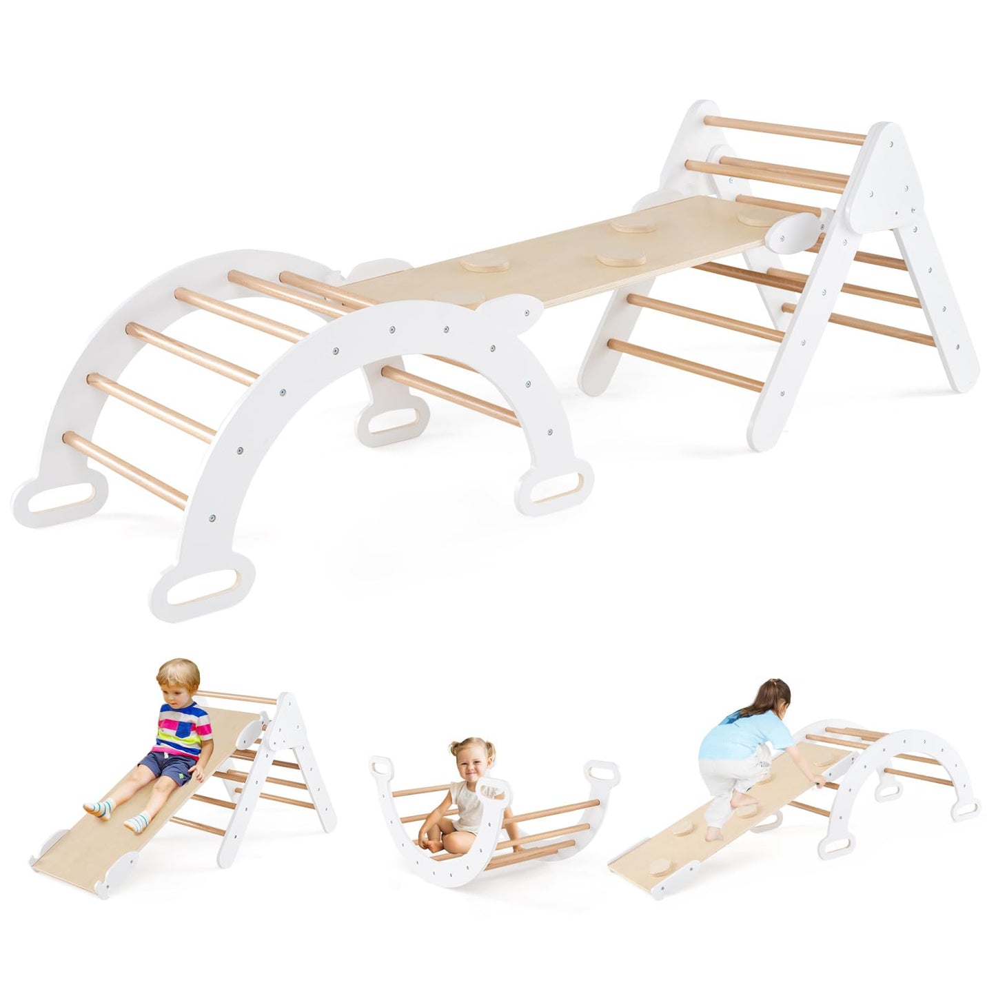 COSTWAY climbing triangle with slide, climbing arch, including double-sided ramp, for climbing, sliding and rocking, 4 in 1 climbing frame indoor from 1 year (White)