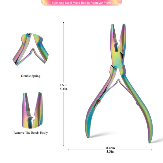 FOSHIO Hair Extension Tool Microring Extensions Set with 200 Black Microrings, 2 Microring Pliers, 2 Microring Needles, 2 Hair Patches Rainbow Color.