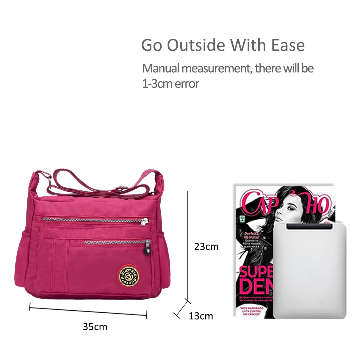 NICOLE & DORIS women's crossbody messenger bag in casual pink nylon, featuring multiple pockets and a zipper closure.