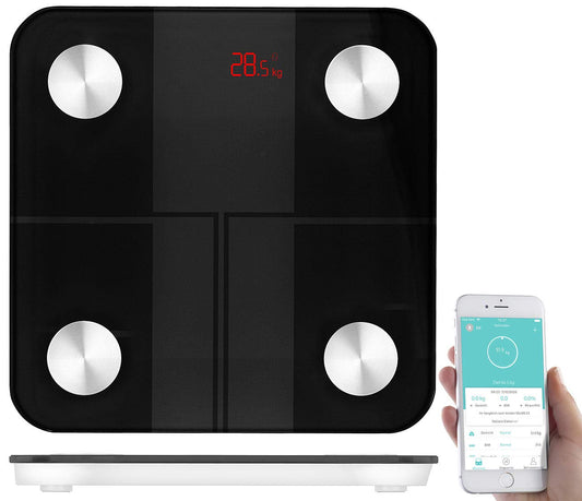 newgen medicals body fat scale: 14-in-1 body analysis scale made of glass, Bluetooth, app, user recognition (bathroom scale, body scales, senior friendly)