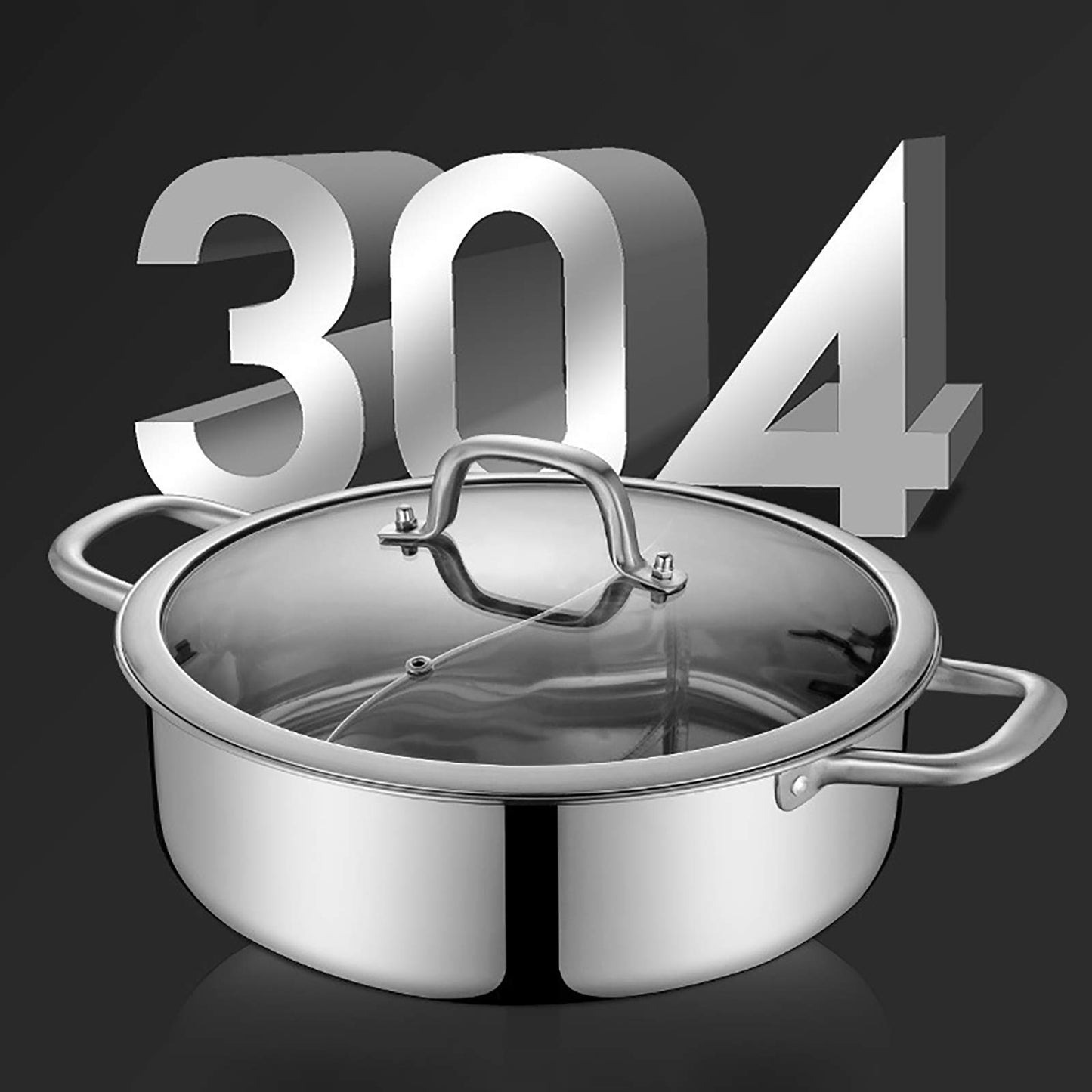 HuKaiL 304 stainless steel food grade Shabu 32cm, Shabu Mandarin Duck Hot Pot with divider and lid, S-Type stainless steel hot pot for induction cooker and soup cooker.