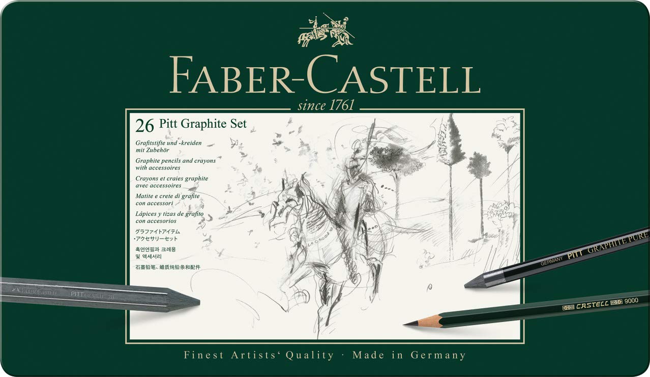 Faber-Castell - Pitt Graphite Set in metal case, large, 26 + 3 pieces (includes eraser pencil with brush, paper smudger, and lead sharpener block)